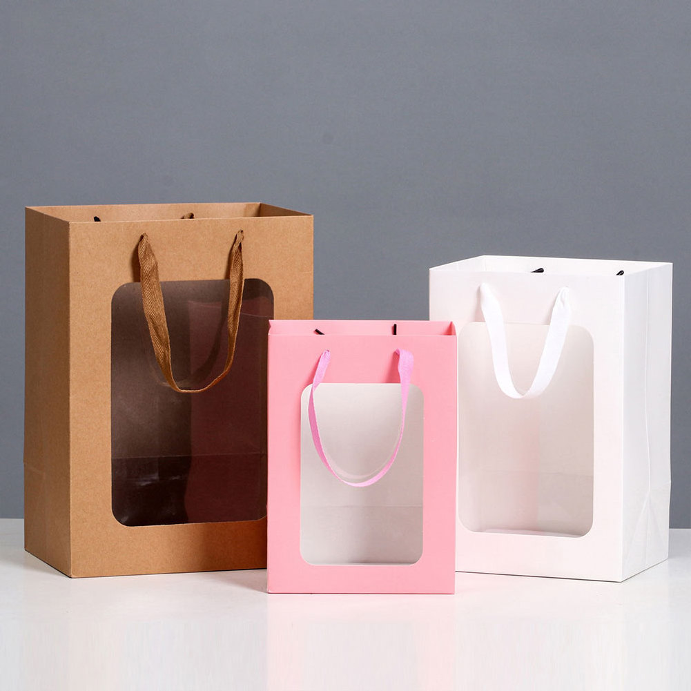 Wholesale Floral Gift Box, Open Transparent Window Fashion Gift Doll Flower Paper Bag With Pvc Mini Cake Clear Window/