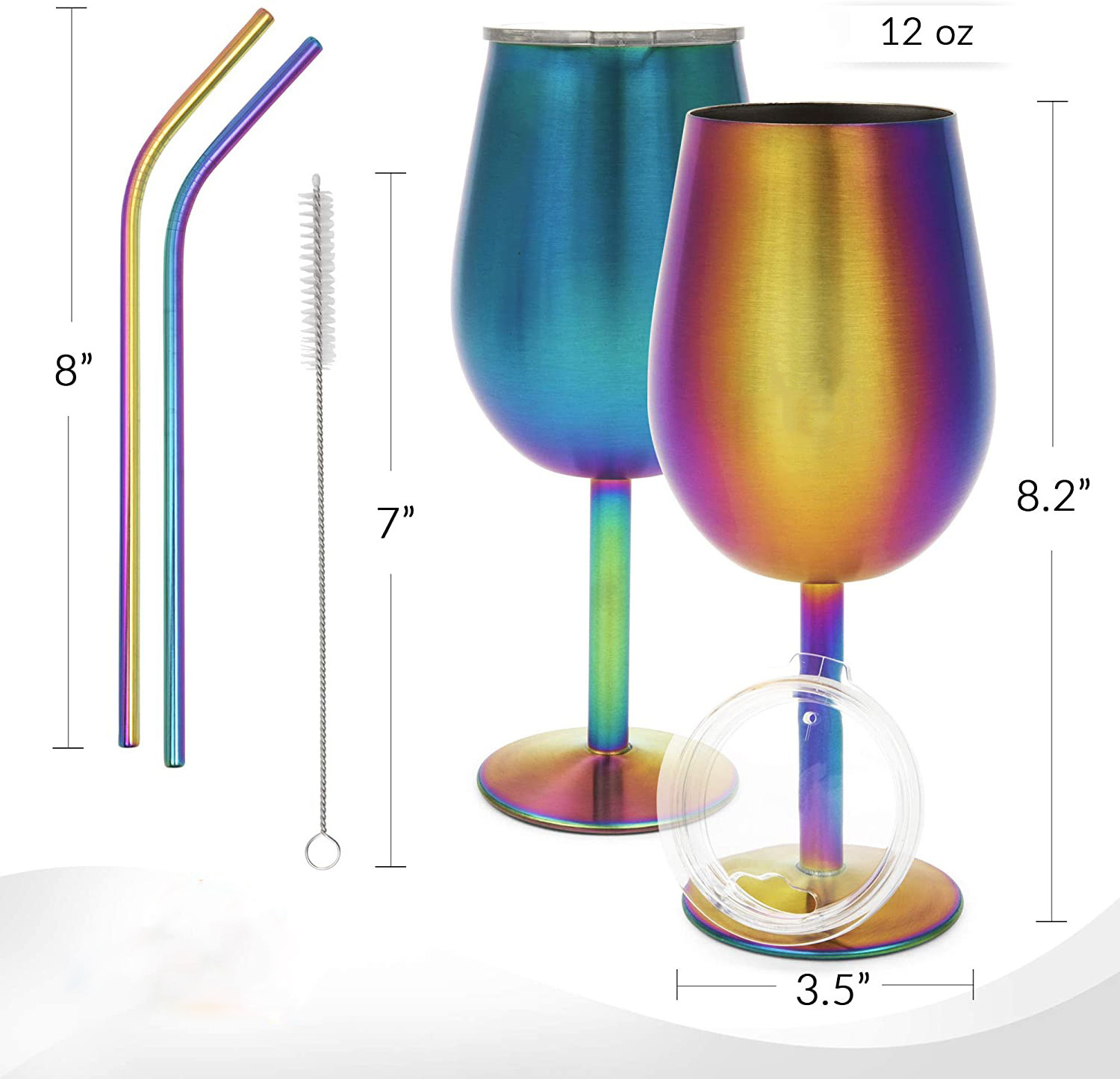 Stainless Steel Wine Glass with Stem and Lid,Rainbow Stemmed Wine Glasses,12Oz Double Wall Insulated Shatterproof Travel Goblet