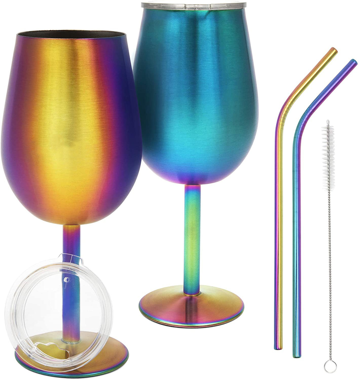 Stainless Steel Wine Glass with Stem and Lid,Rainbow Stemmed Wine Glasses,12Oz Double Wall Insulated Shatterproof Travel Goblet