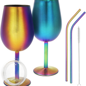 Stainless Steel Wine Glass with Stem and Lid,Rainbow Stemmed Wine Glasses,12Oz Double Wall Insulated Shatterproof Travel Goblet