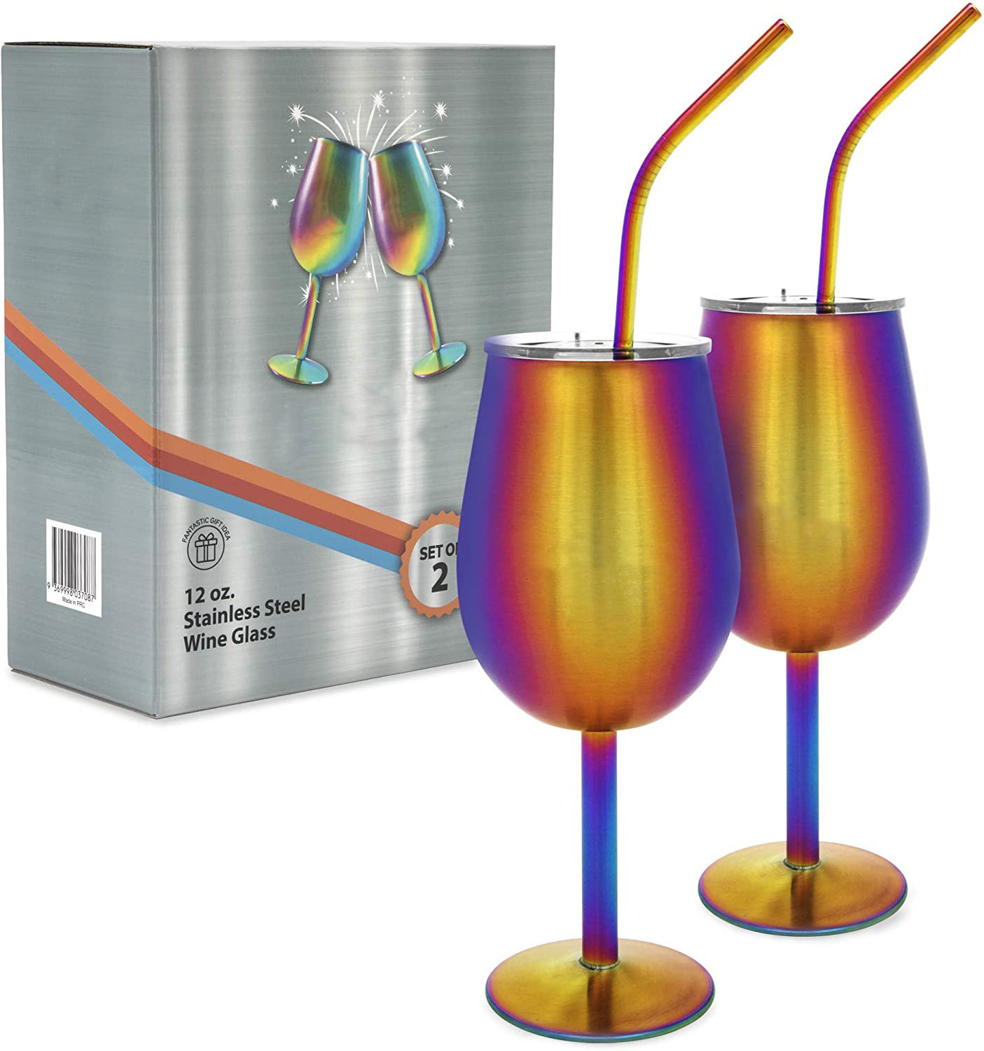 Stainless Steel Wine Glass with Stem and Lid,Rainbow Stemmed Wine Glasses,12Oz Double Wall Insulated Shatterproof Travel Goblet