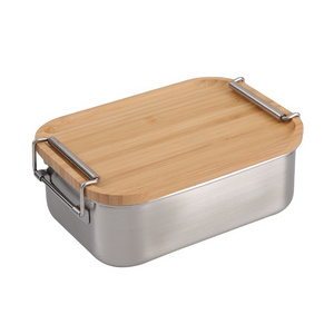 BPA FREEStainless Steel Lunchbox with bamboo lid,304 Stainless Steel Bento Lunch Box with Bamboo Lid and Lock Clips Design 800ML