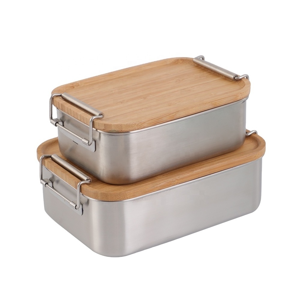 BPA FREEStainless Steel Lunchbox with bamboo lid,304 Stainless Steel Bento Lunch Box with Bamboo Lid and Lock Clips Design 800ML