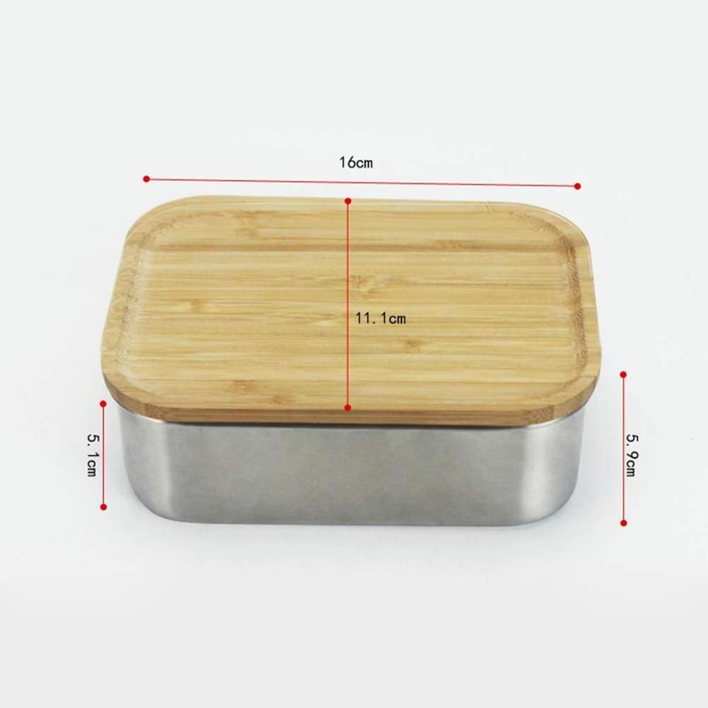 Stainless Steel Bento Lunch Box For Kids With Brown Bamboo Lid,Lunch Box Square Bamboo Cover Sushi Bento Box for School Picnic