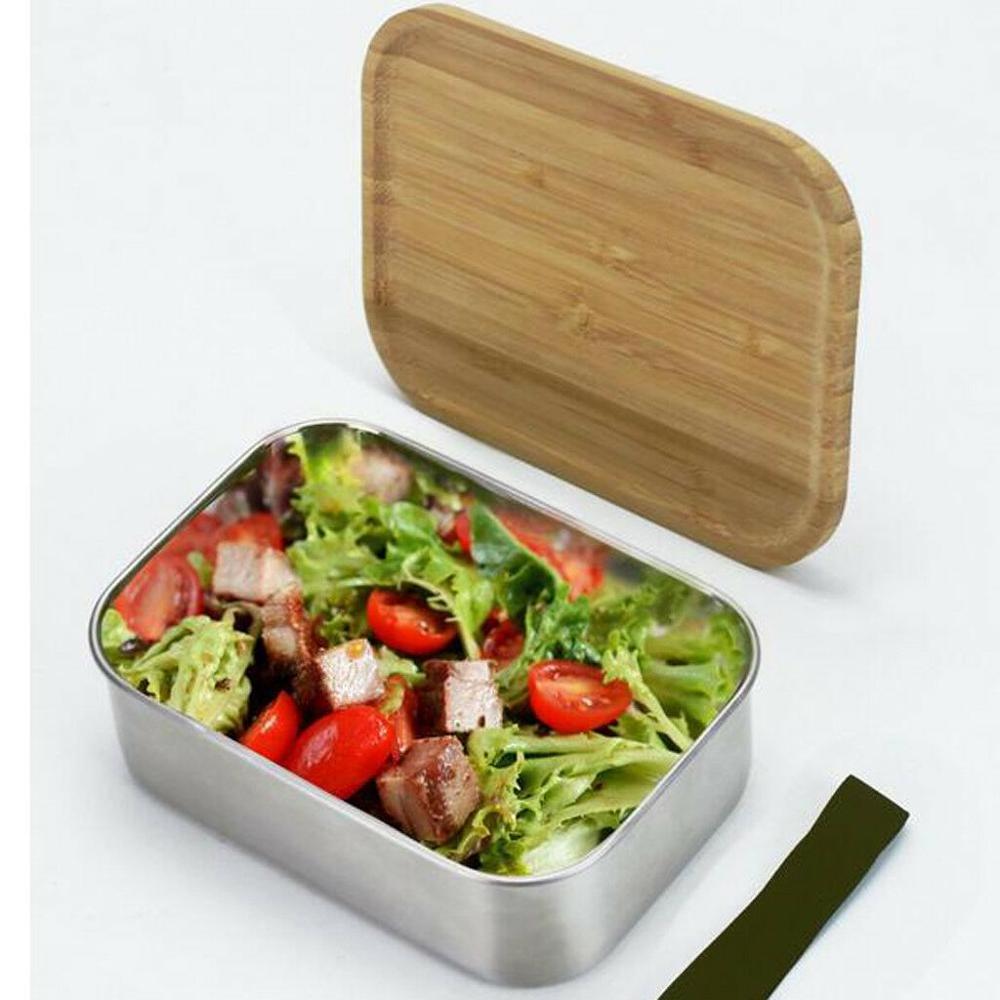 Stainless Steel Bento Lunch Box For Kids With Brown Bamboo Lid,Lunch Box Square Bamboo Cover Sushi Bento Box for School Picnic