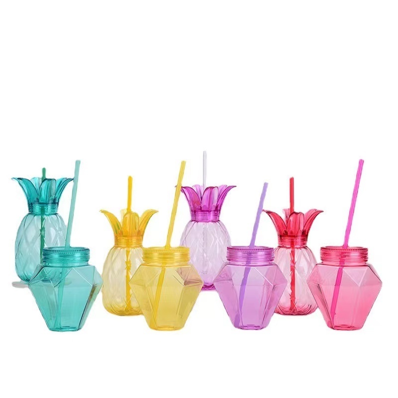 500ML Creative Pineapple Shape Drink Cups Disposable Transparent Plastic Straw Cups Party Mug