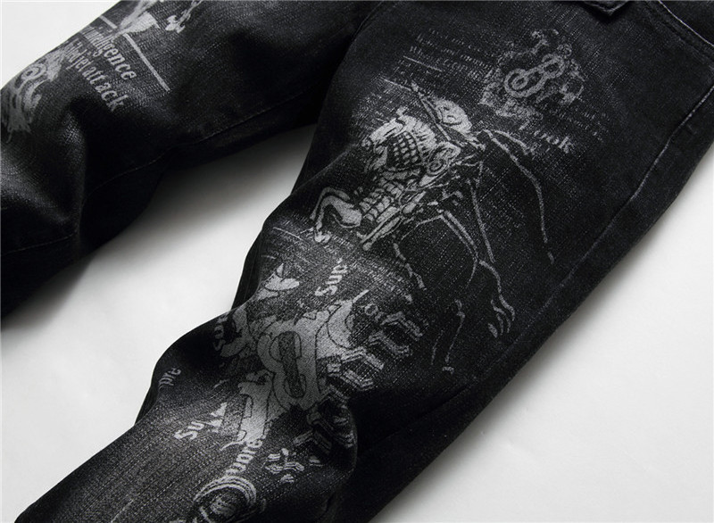 Men's  3D Printed Jeans Slim Straight Stretch Denim Pants Black,Slim Black Abstract Paint Printed Men Jeans,Men's Printed Jeans