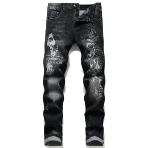 Men's  3D Printed Jeans Slim Straight Stretch Denim Pants Black,Slim Black Abstract Paint Printed Men Jeans,Men's Printed Jeans