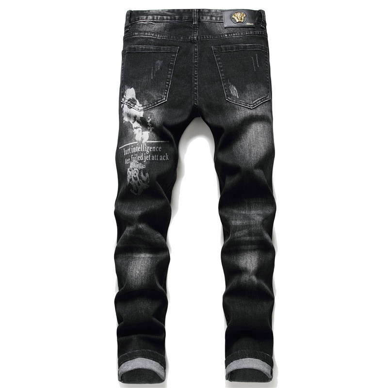 Men's  3D Printed Jeans Slim Straight Stretch Denim Pants Black,Slim Black Abstract Paint Printed Men Jeans,Men's Printed Jeans