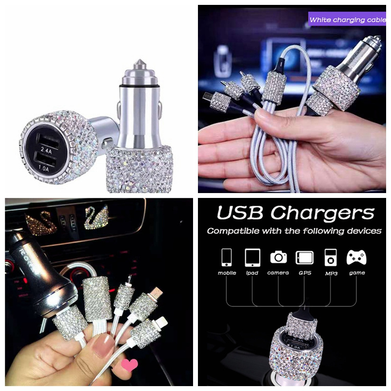 Roadstar Car Charger Accessories Set Rhinestone Dual USB Car Chargers 3 in 1 Nylon Braided Charging Cable Crystal Car Decoration