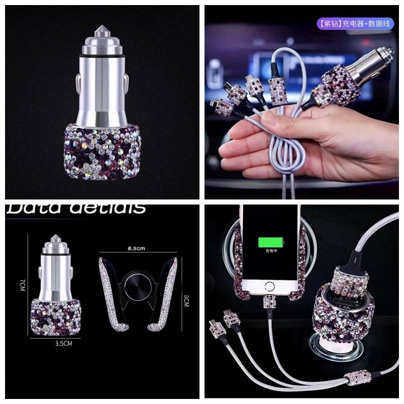 High Quality Crystal Mobile Phone Holder Charger Cable USB Car Cigarette Lighter Quick Charger  3 in 1 Car USB Multi Charger