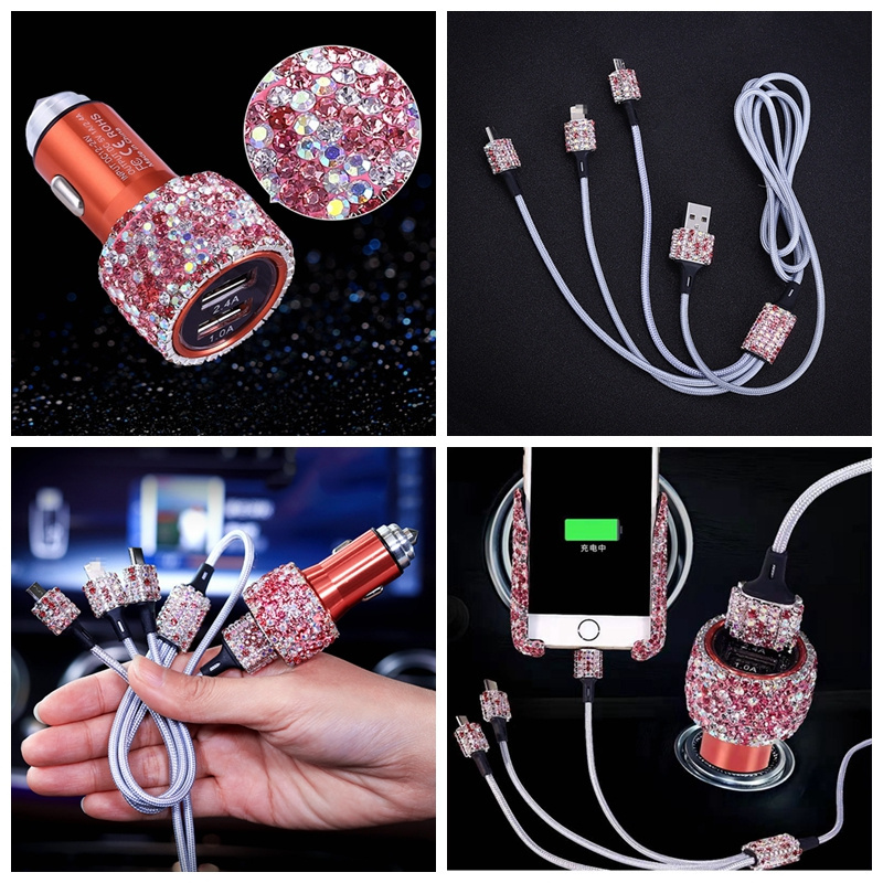 High Quality Crystal Mobile Phone Holder Charger Cable USB Car Cigarette Lighter Quick Charger  3 in 1 Car USB Multi Charger