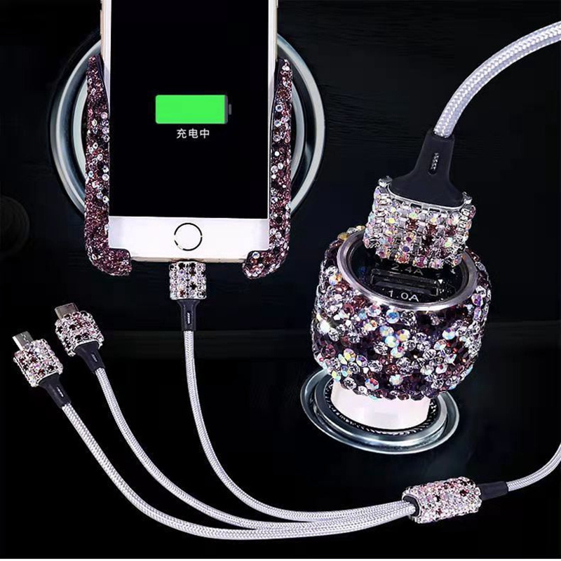 Roadstar Car Charger Accessories Set Rhinestone Dual USB Car Chargers 3 in 1 Nylon Braided Charging Cable Crystal Car Decoration