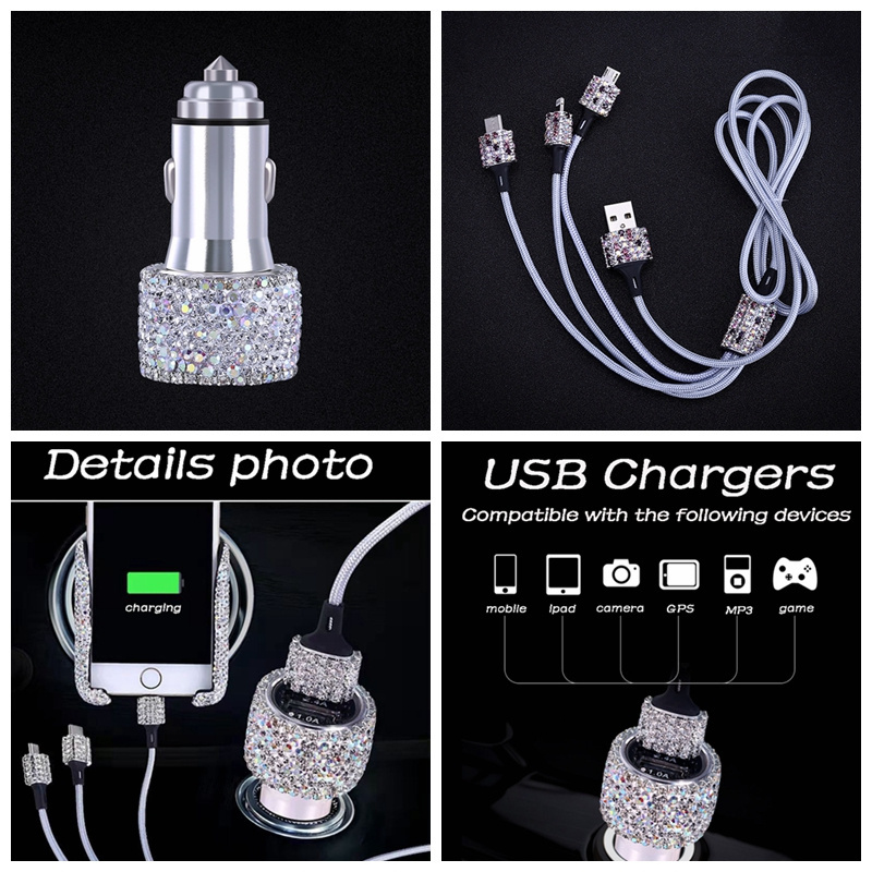 High Quality Crystal Mobile Phone Holder Charger Cable USB Car Cigarette Lighter Quick Charger  3 in 1 Car USB Multi Charger