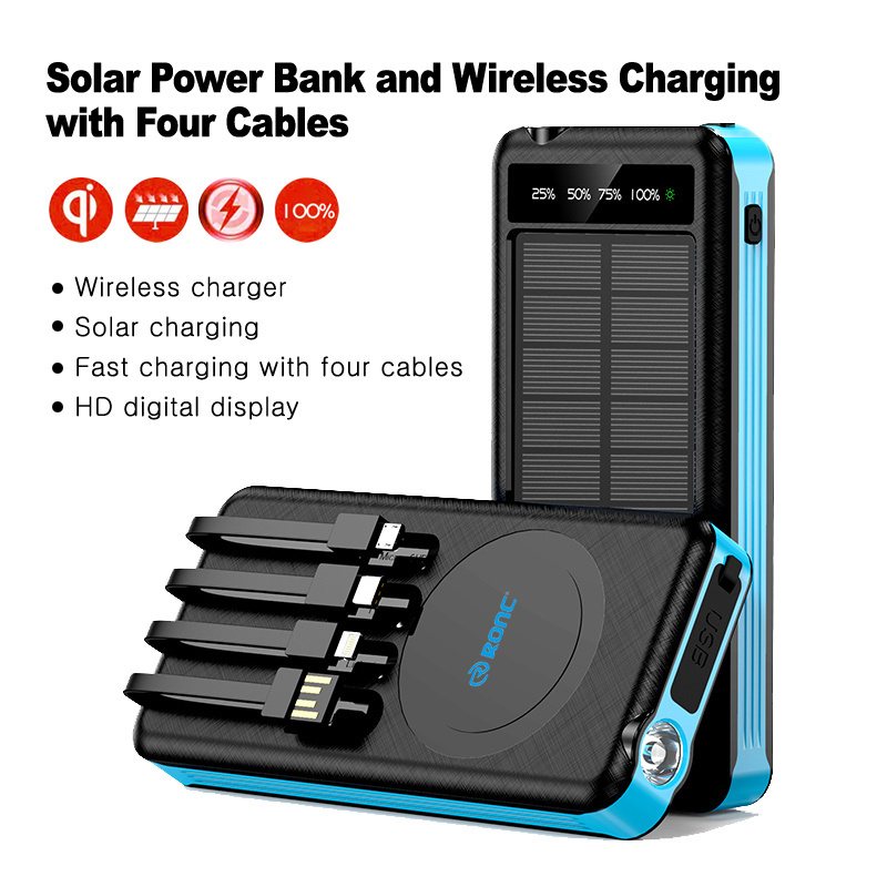 Factory Supply Wholesale Price Solar Power Banks Large Capacity Built In Cables Qi Wireless Solar Panel Power Bank