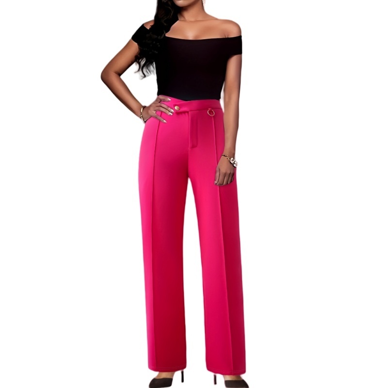 Wholesalers elegant female pleater trousers Office Lady Pink Solid Slim Straight High Waist Women's Wide Leg Pants