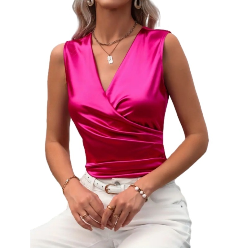 In Stock Womens V Neck Blouse Tops Solid Color Elegant Ladies Office Ruched Slim Sleeveless Tank Top