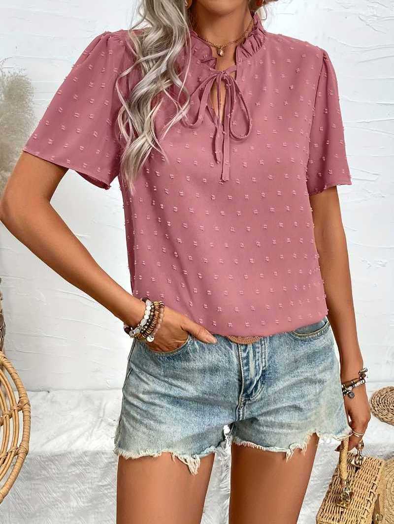 Summer Short Sleeves Chiffon Blouse Elegant Edge Band Bow Puff Sleeve Top Holiday Style Women's Short Sleeve Shirt