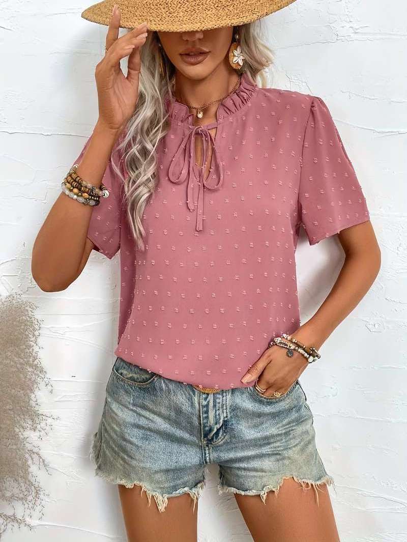 Summer Short Sleeves Chiffon Blouse Elegant Edge Band Bow Puff Sleeve Top Holiday Style Women's Short Sleeve Shirt