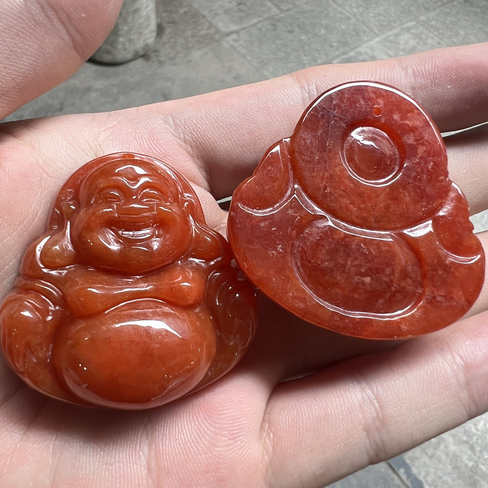 Wholesale Myanmar Bruma Jade Red Laughing Budda 35mm Carved Jade Pendant For Jewelry Pendent DIY Accessories