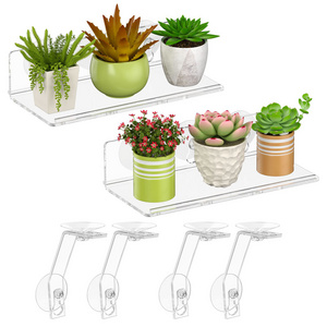 2 Pack Acrylic Suction Cup Shelf, Tool Free Window Plant Shelves With Legs, Clear Acrylic Indoor Ledge Garden Stand with