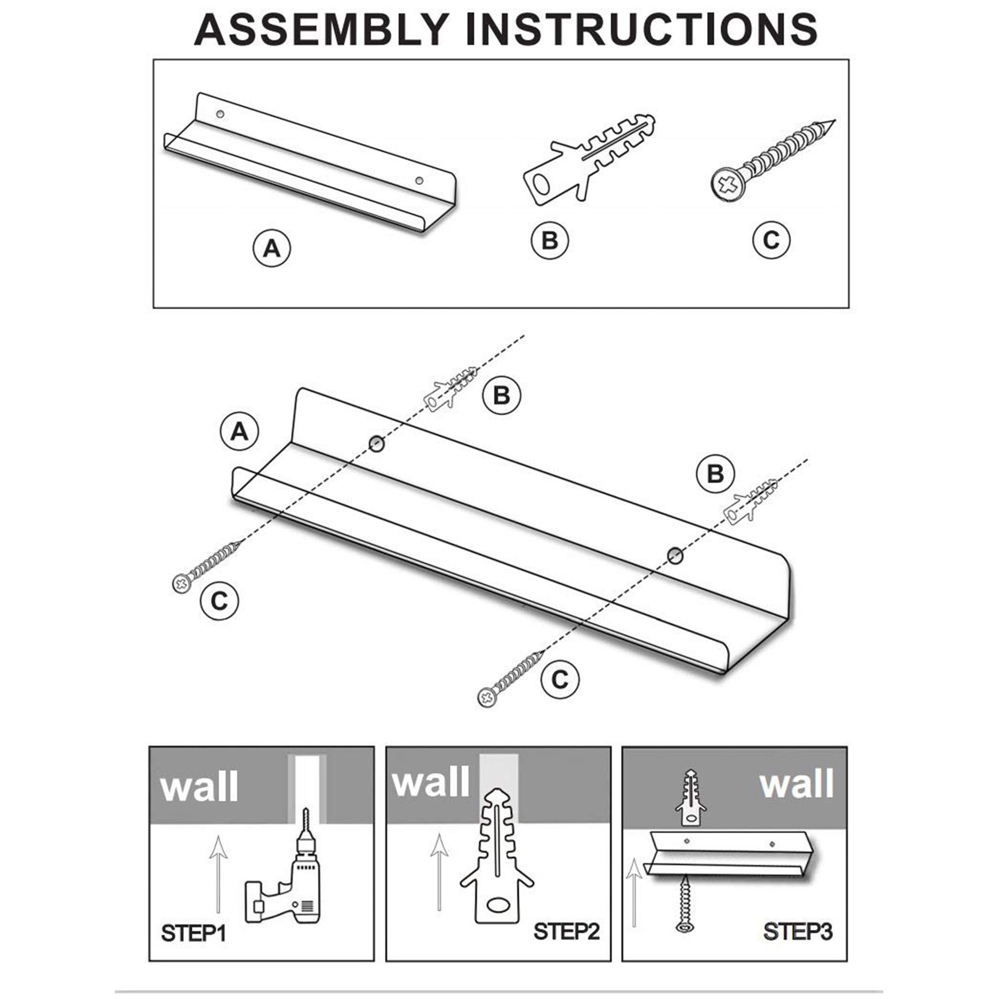 Floating shelf 15 inches (about 38.1 cm) acrylic wall edge shelf transparent 4-piece display bookshelf