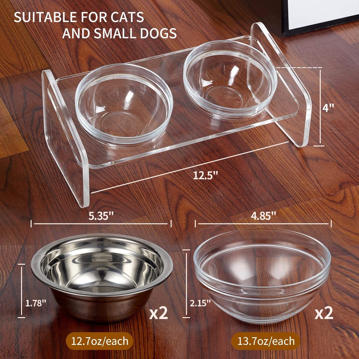 Dog And Cat Bowls Elevated Set Acrylic Feeder Stand With 2 Set Removable Stainless Steel And Glass Bowls For Small Pet