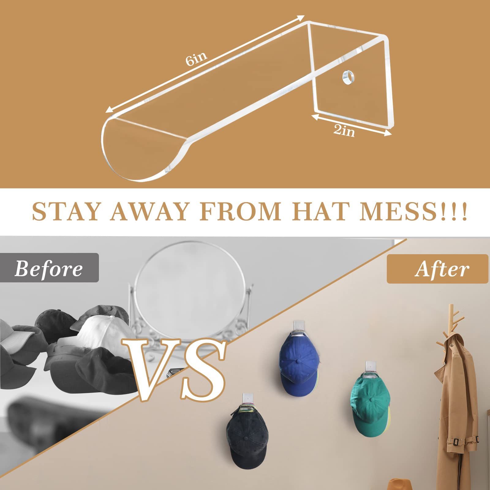 Wall Mount Hat Racks for Baseball Caps, Strong Adhesive Hat Hooks Cap Holder, Easy Installation Acrylic Hat Storage Organizer