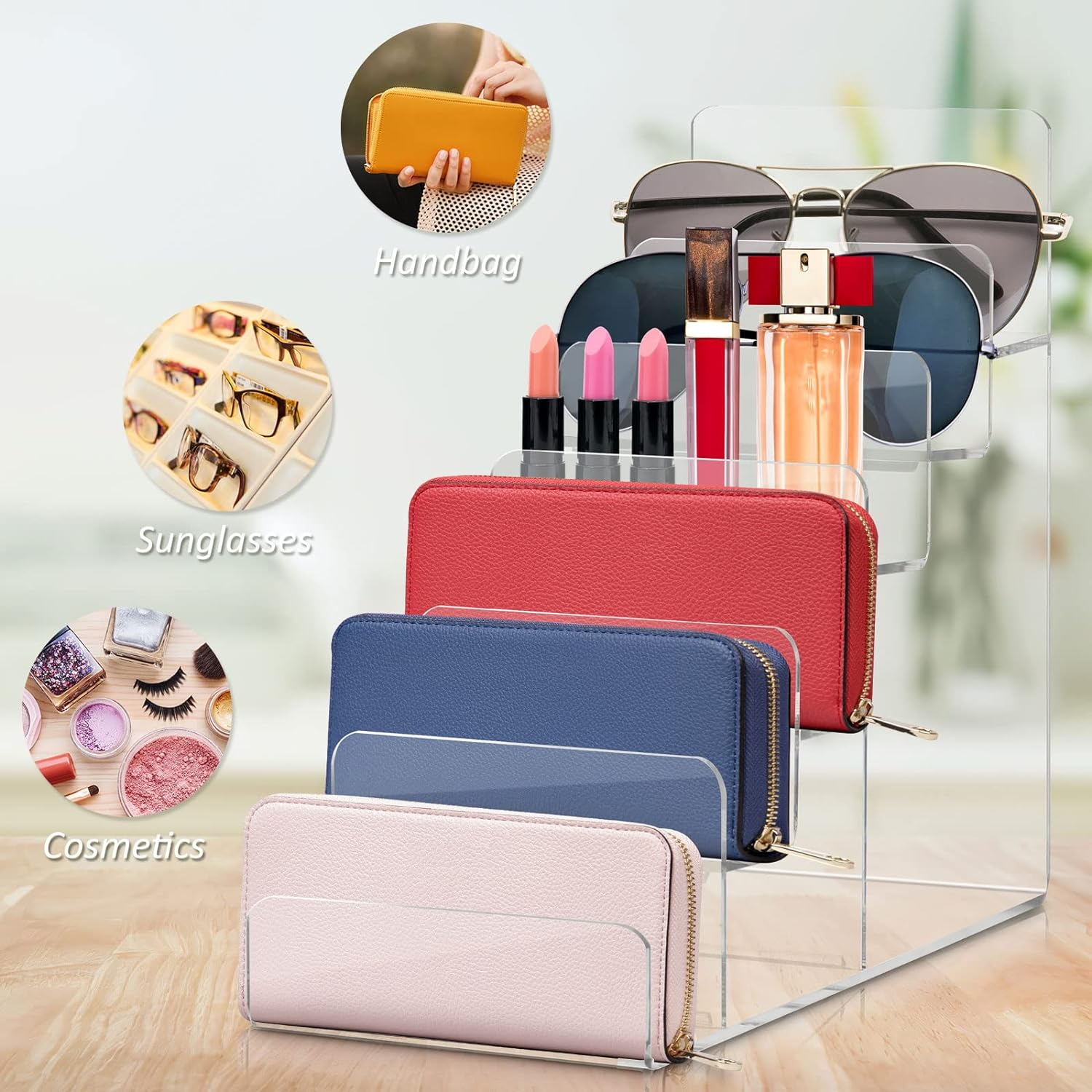 6- Tier Acrylic Wallet Display Stand Holder, Clear Handbag Purse Display Stand Jewelry Display Riser Purse Handbag Organizer