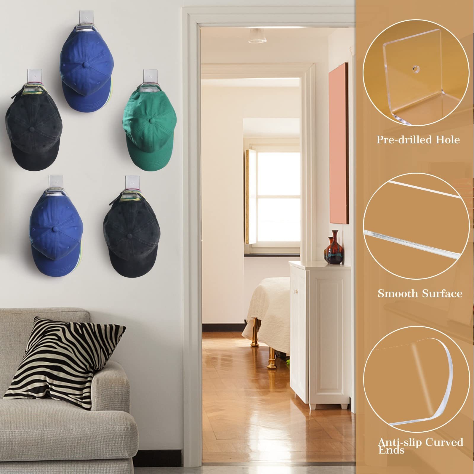 Wall Mount Hat Racks for Baseball Caps, Strong Adhesive Hat Hooks Cap Holder, Easy Installation Acrylic Hat Storage Organizer