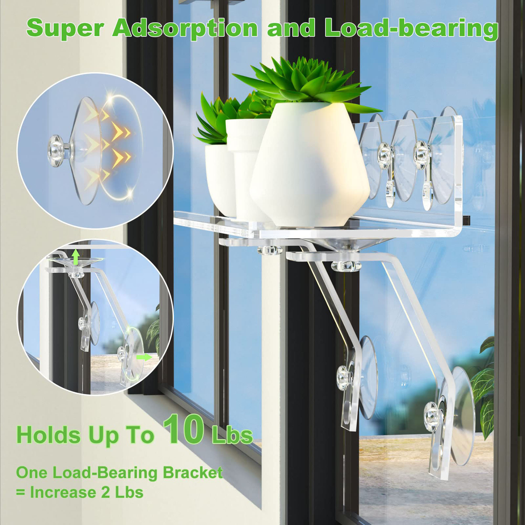 2 Pack Acrylic Suction Cup Shelf, Tool Free Window Plant Shelves With Legs, Clear Acrylic Indoor Ledge Garden Stand with