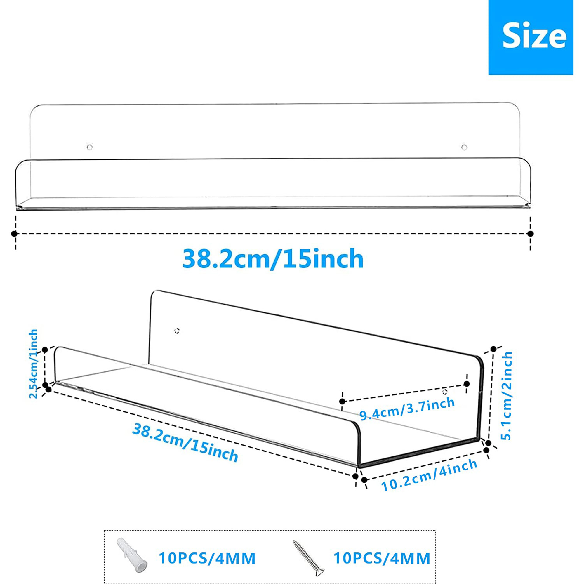 Acrylic shelf wall storage rack 4 pieces 15 inch long plastic transparent wall hanging floating shelf bookshelf toy character