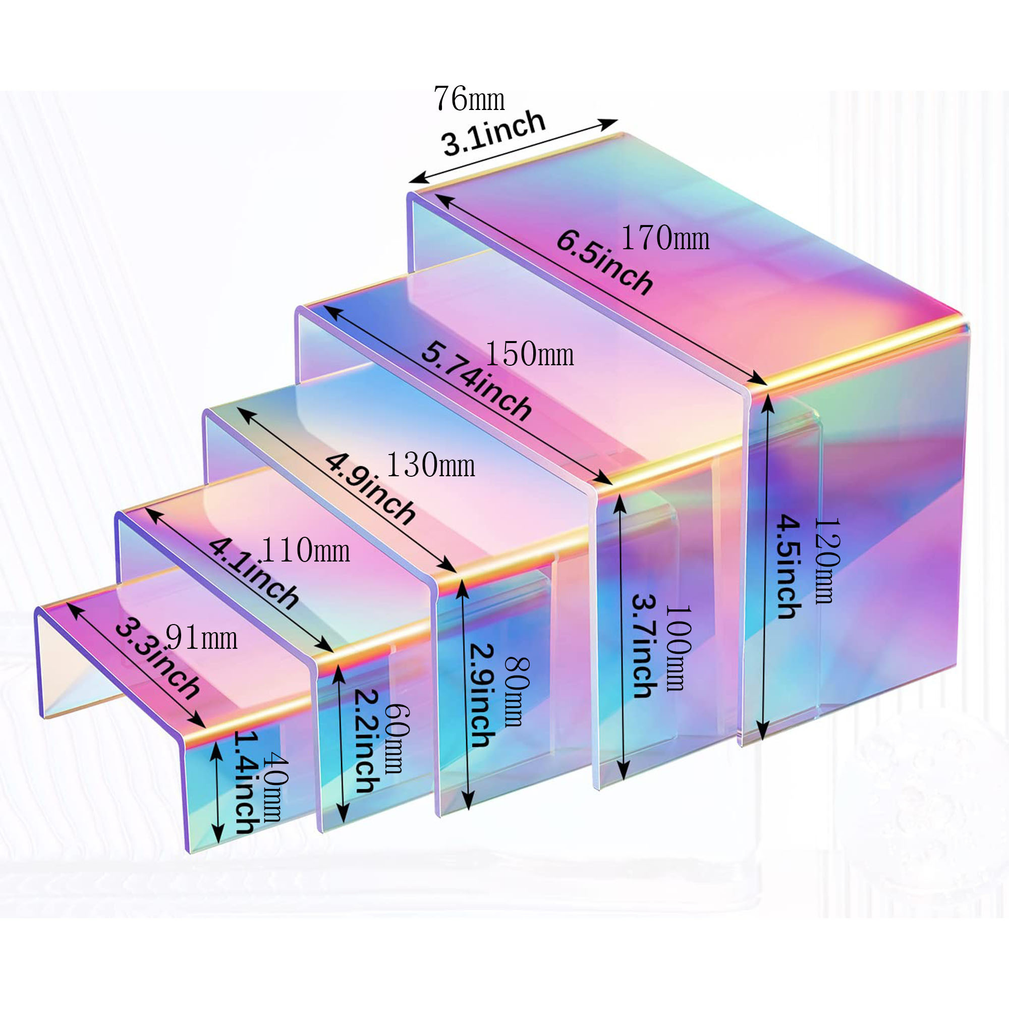 Iridescent Display Risers Acrylic Collectibles Display Shelf Rainbow Display Stand Acrylic Shelf Organizer 5 Size