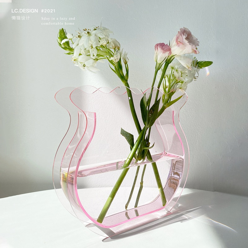 Acrylic Flower Vase for Aesthetic Room Decor, Irregular Curvy Wave Plastic Decorative Vase for Bedroom, Living Room Table