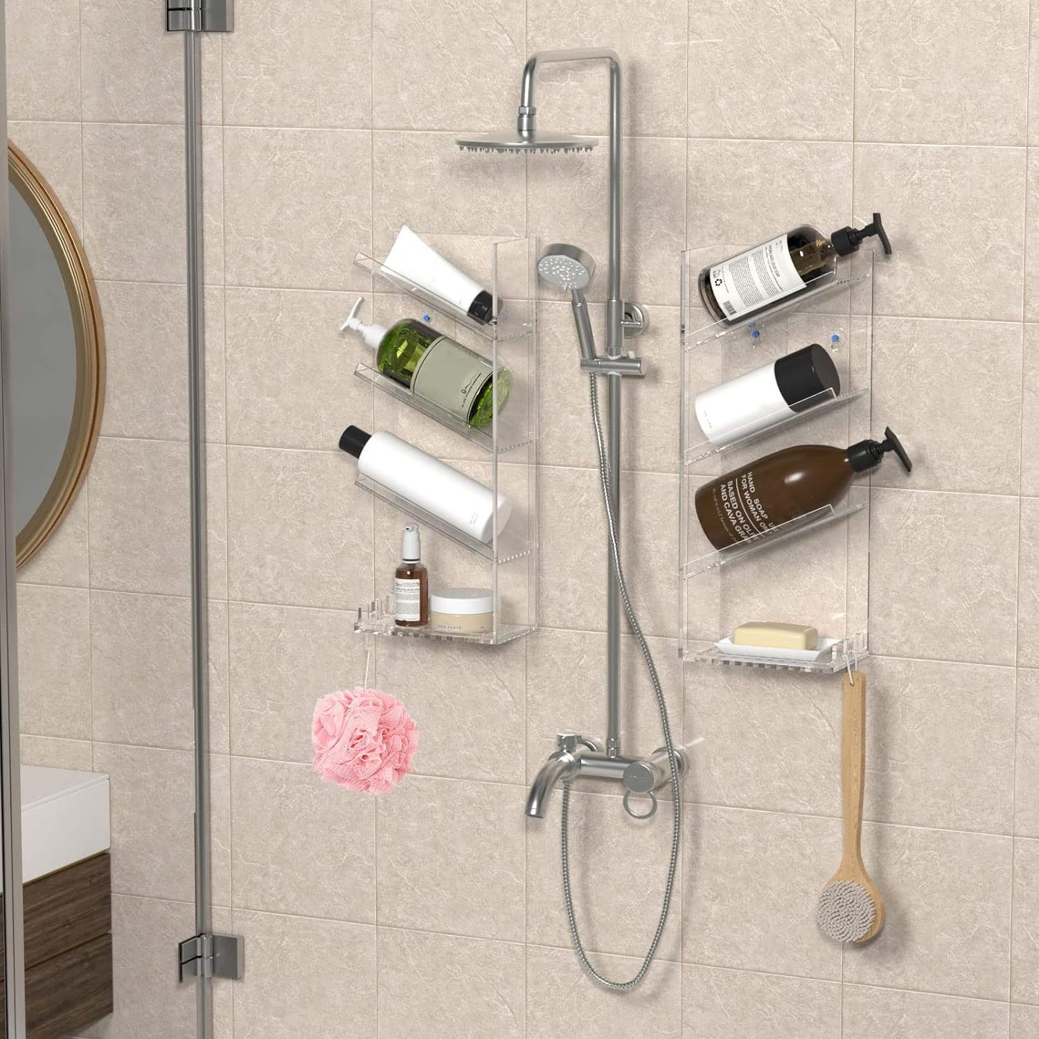 Acrylic Bathroom Organizer Clear Shampoo Holder Wall Mounted, Shower Organizer with Suction Cup, No Drilling and Rustproof