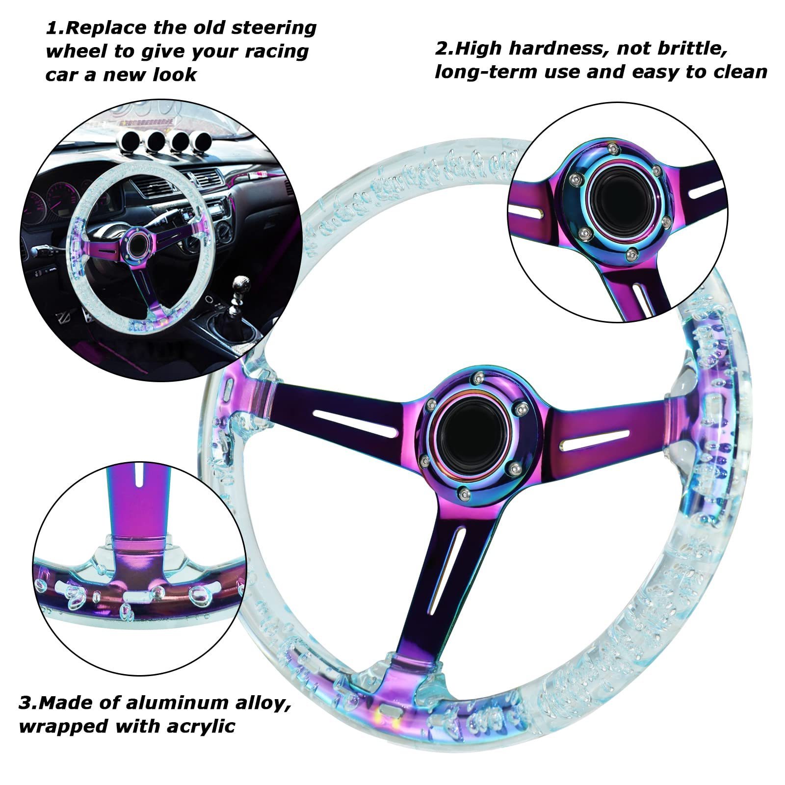 Universal Auto Parts 350mm 14 inch 70mm Deep Racing Sports Acrylic Transparent Steering Wheel