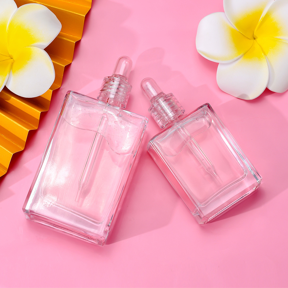 Flat square Rectangle Luxury 15ml 30ml 50ml 100ml Glass Dropper Bottles with crystal clear collar for Serum Essential oil