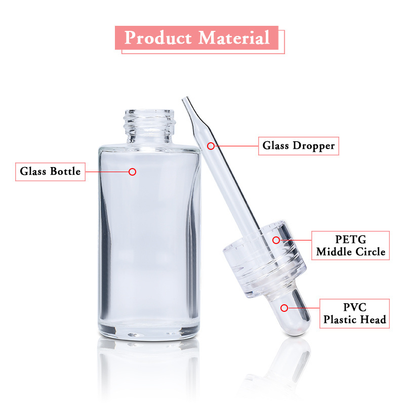 Cosmetic Skin Care Packaging 20ml 30ml Clear Cylinder Hair Beard Essential Oil Serum Glass Dropper Bottle