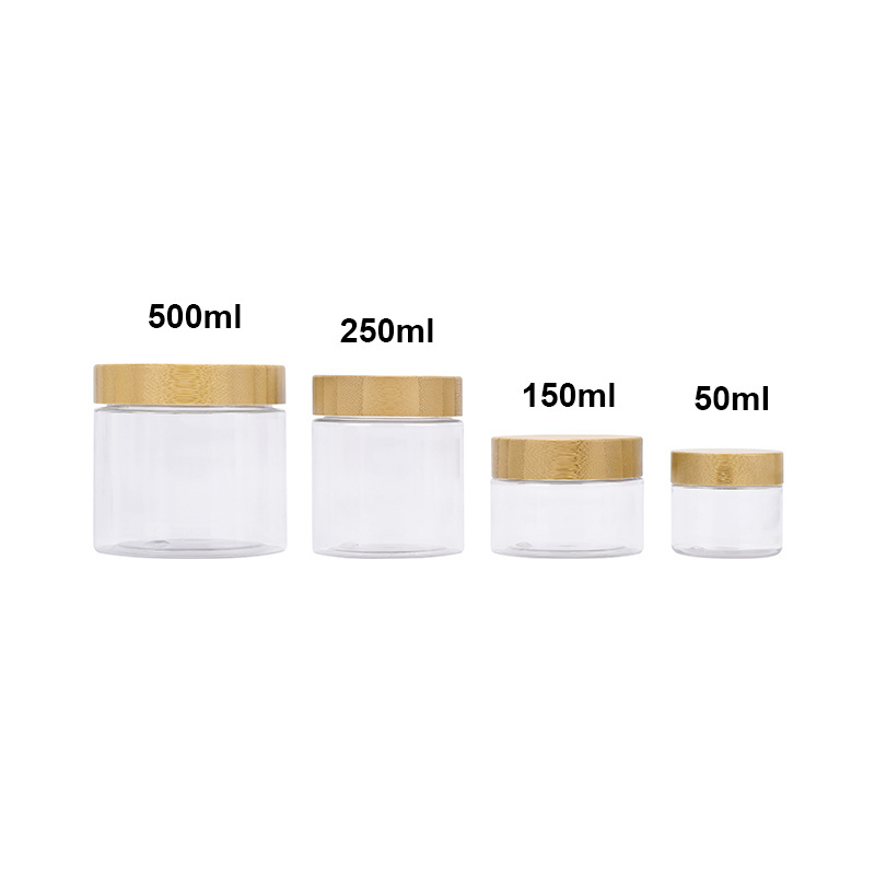 New product natural frosted amber clear pet plastic body butter cosmetic cream jar with bamboo lid