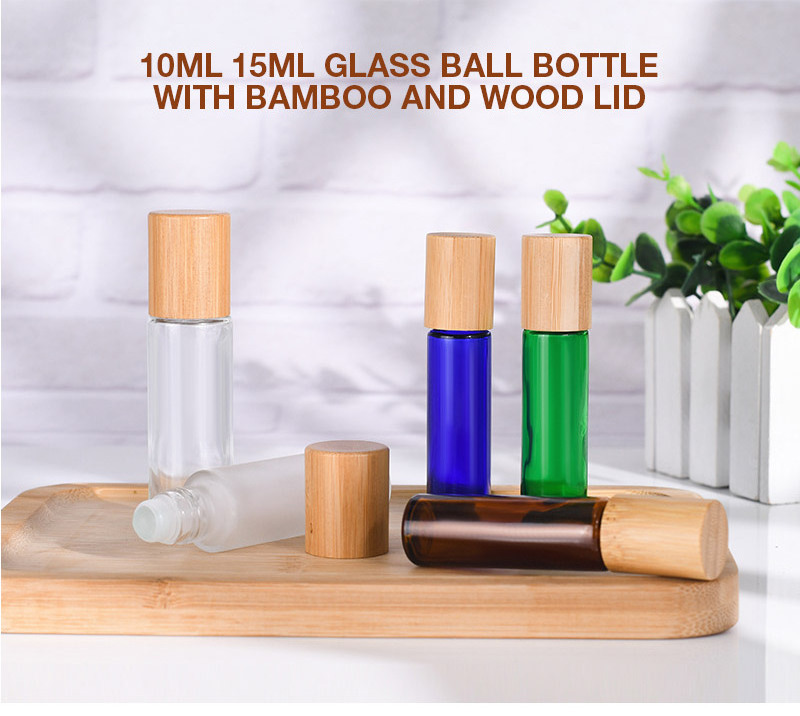 5ml 10ml 15ml clear amber blue green frosted glass essential oil perfume roll on bottles with bamboo wood lid