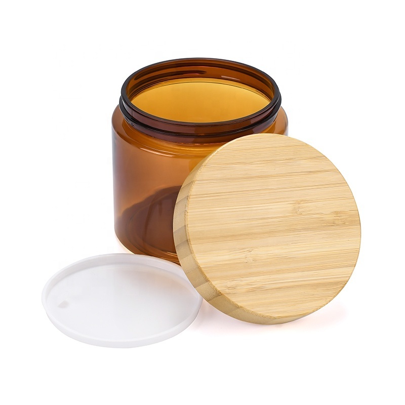 New product natural frosted amber clear pet plastic body butter cosmetic cream jar with bamboo lid