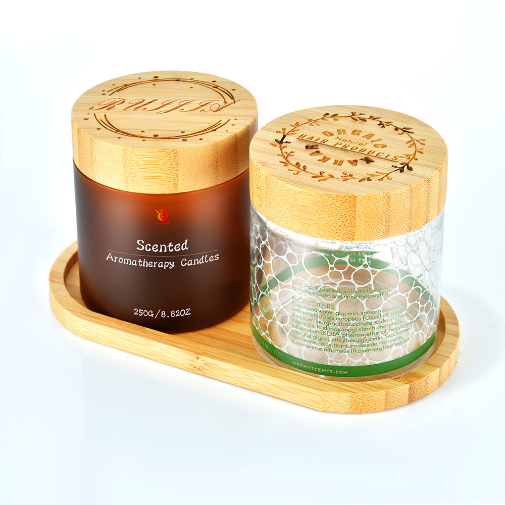 Wholesale bamboo cosmetic packaging 50g 150g 250g 500g  frosted amber PET plastic jar with bamboo engrave logo cap