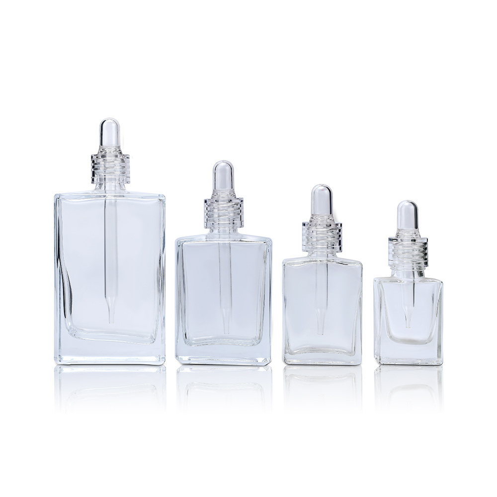 Flat square Rectangle Luxury 15ml 30ml 50ml 100ml Glass Dropper Bottles with crystal clear collar for Serum Essential oil