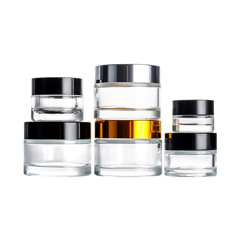 New product 5g 10g 15g 30g 50g 100g matte black clear amber glass cream jar with gold black sliver  aluminium Cap