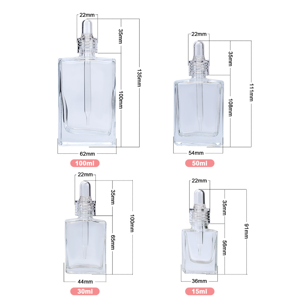 15ml 30ml 50ml 100ml Empty Clear Flat Square Rectangle Cosmetic Glass perfume Dropper Oil Serum Bottle