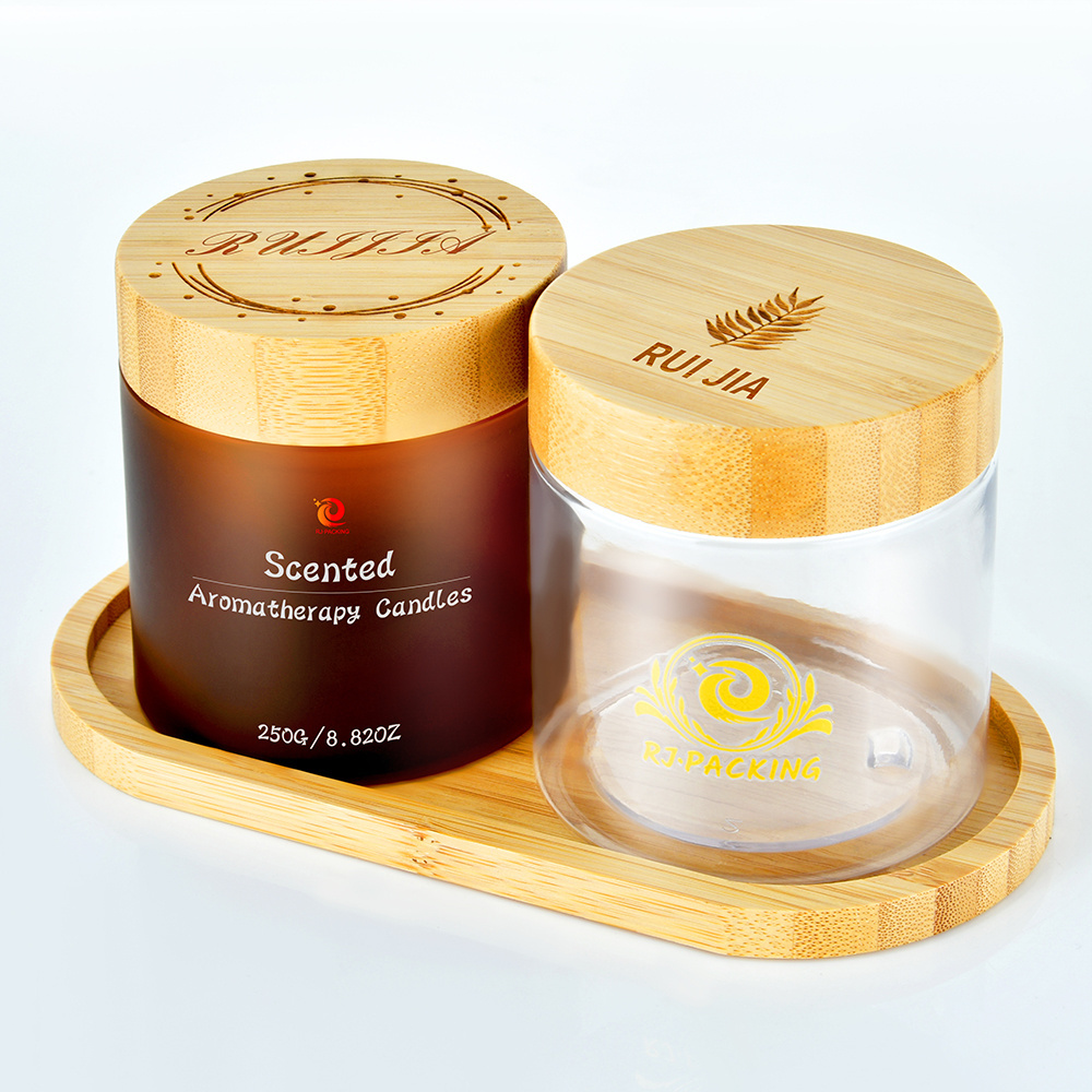 Wholesale bamboo cosmetic packaging 50g 150g 250g 500g  frosted amber PET plastic jar with bamboo engrave logo cap