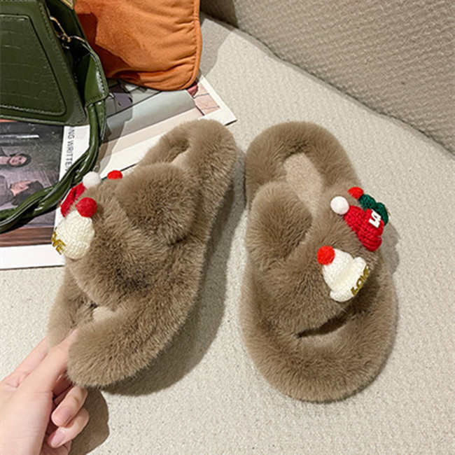 Breathable cross strap fur slippers big size light weight indoor house slippers winter rubber sole fluffy slides