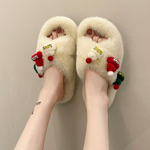 Breathable cross strap fur slippers big size light weight indoor house slippers winter rubber sole fluffy slides