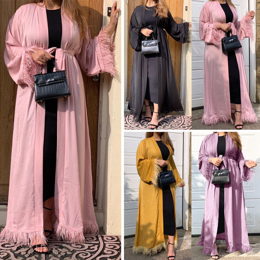 Dubai Open Cardigan Long Abaya Muslim Women Kaftan Jilbab Islamic Arab Robe Gown