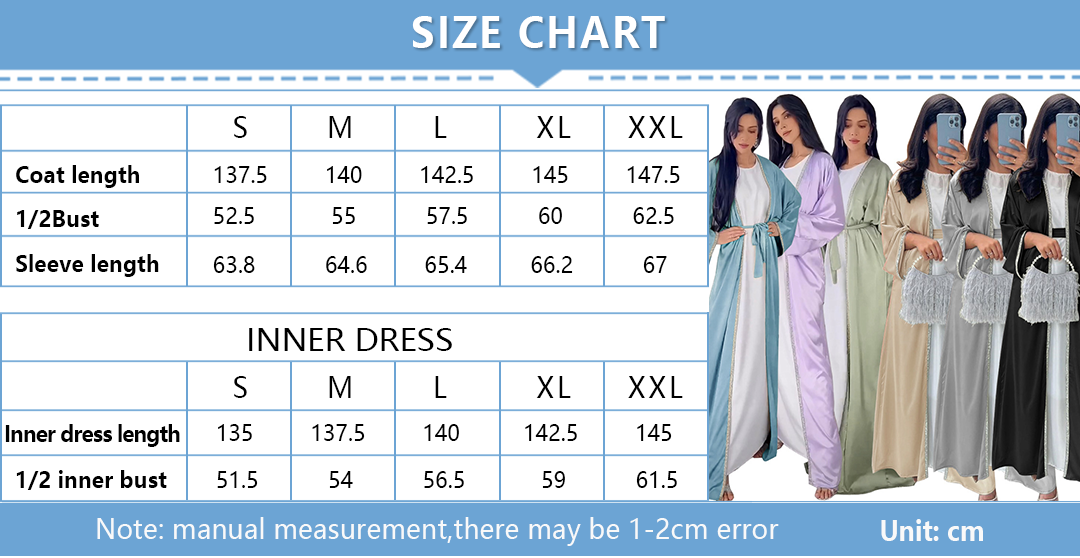 New Design Eid Dubai Islamic Modest Abaya Women Muslim Dress Inner Slip Dress Abaya Set Diamond Satin Silk Open Abaya